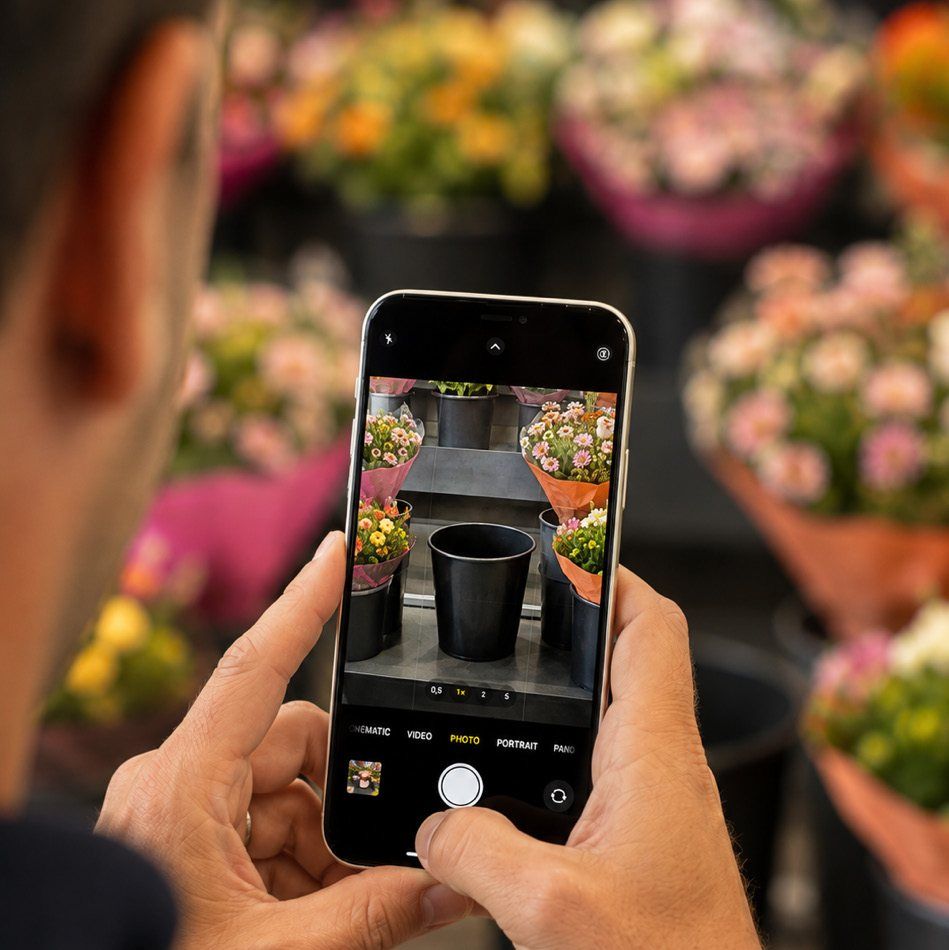 Met de telefoon wordt een foto van de bloemenafdeling gemaakt